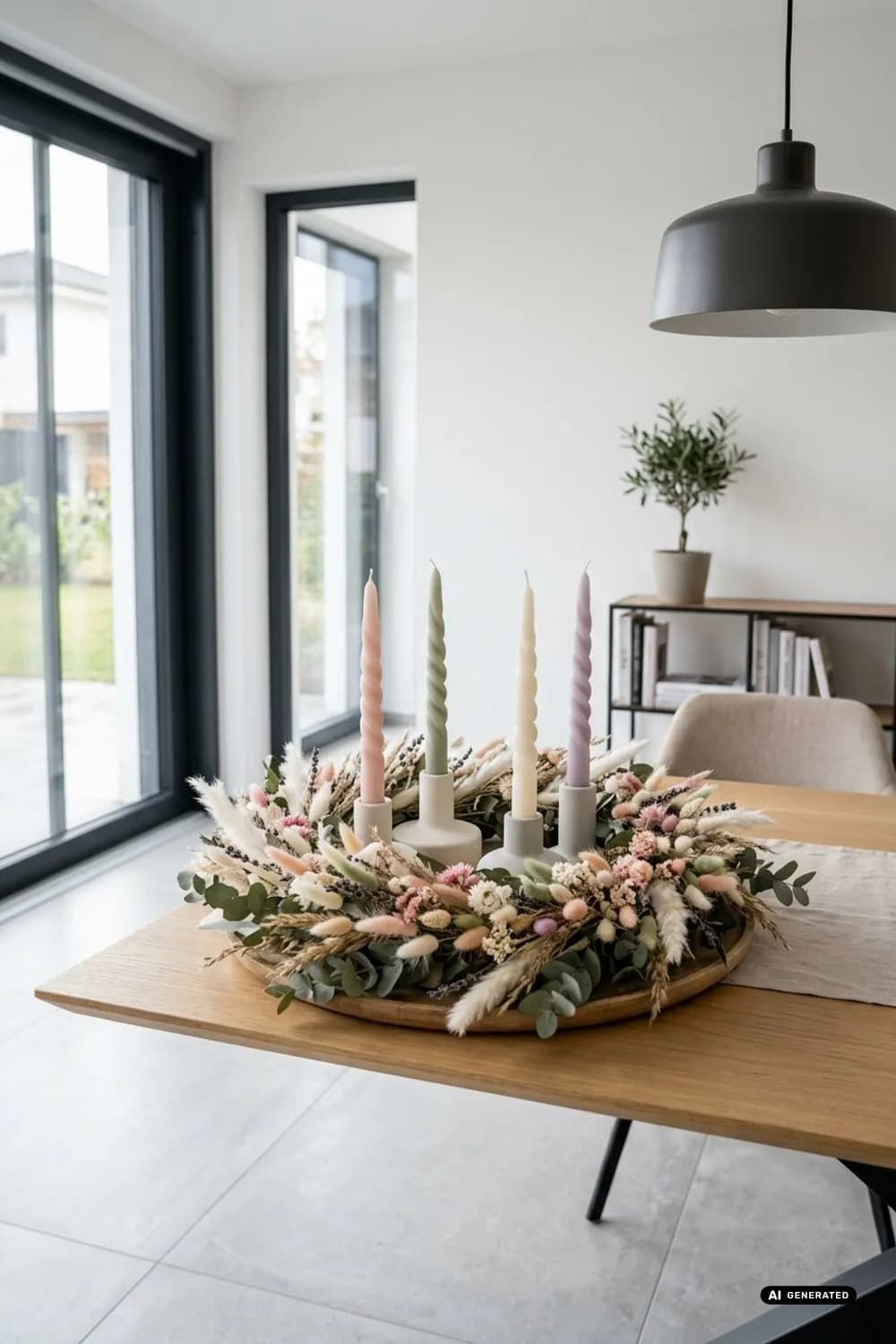 Bunter Boho-Traum: Trockenblumen, Eukalyptus und gedrehte Kerzen in Pastell – Adventskranz: Die schönsten Ideen für die Adventszeit