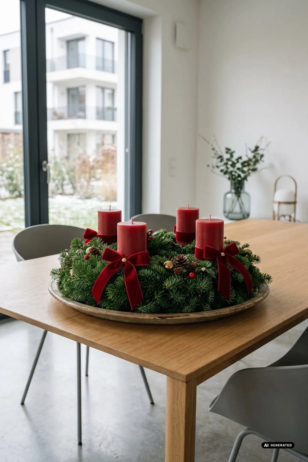 Klassische Eleganz: Dicht gebundenes Tannengrün, rote Stumpenkerzen und Samtschleifen – Adventskranz: Die schönsten Ideen für die Adventszeit