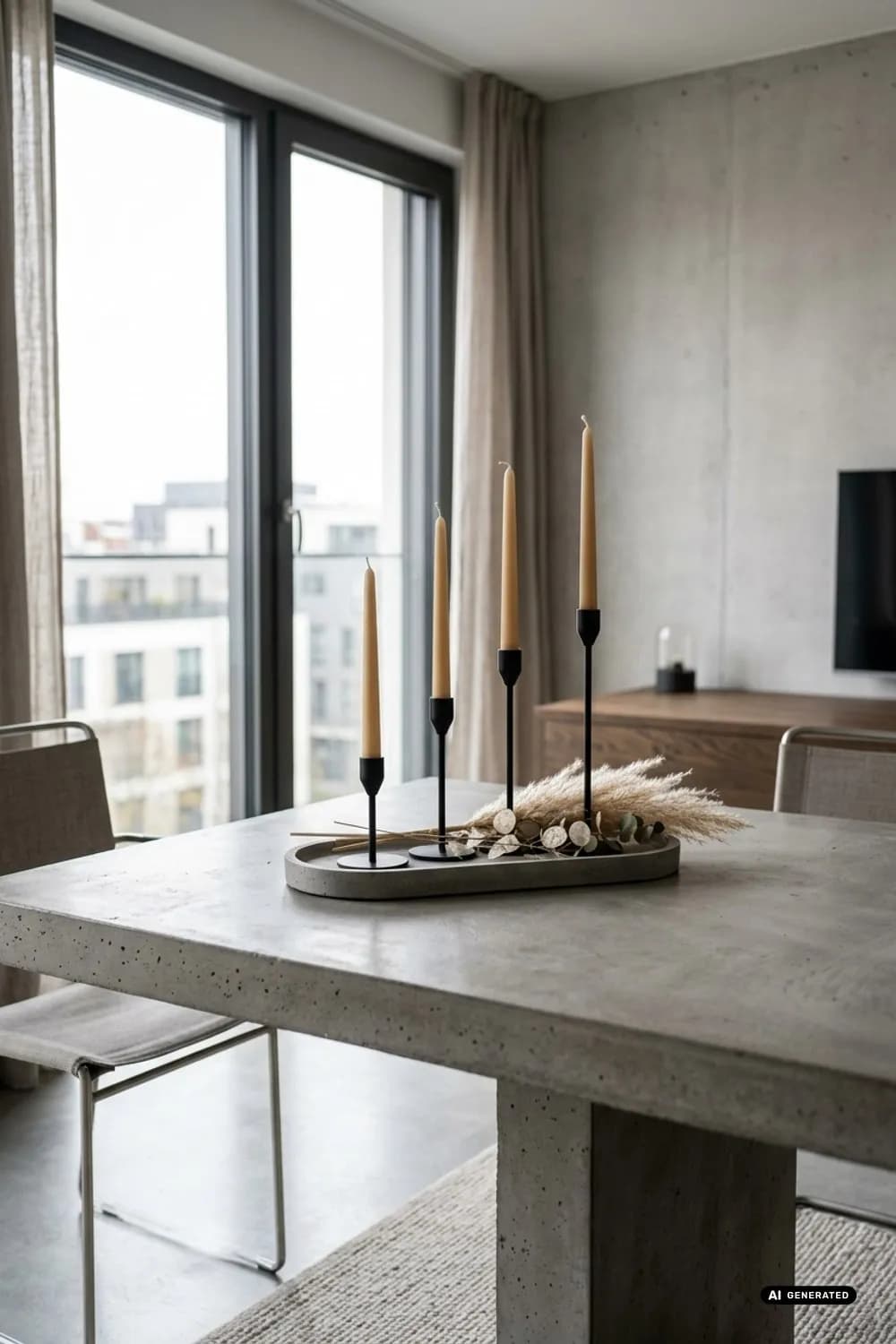 Moderner Minimalismus: Betontablett, vier einzelne Kerzenständer und ein Hauch Pampasgras – Adventskranz: Die schönsten Ideen für die Adventszeit