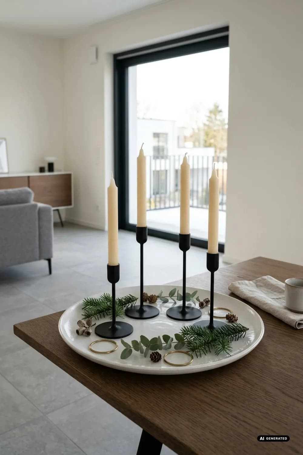 Nachhaltiges Arrangement: Wiederverwendbare Kerzenhalter auf einem Porzellanteller – Adventskranz: Die schönsten Ideen für die Adventszeit