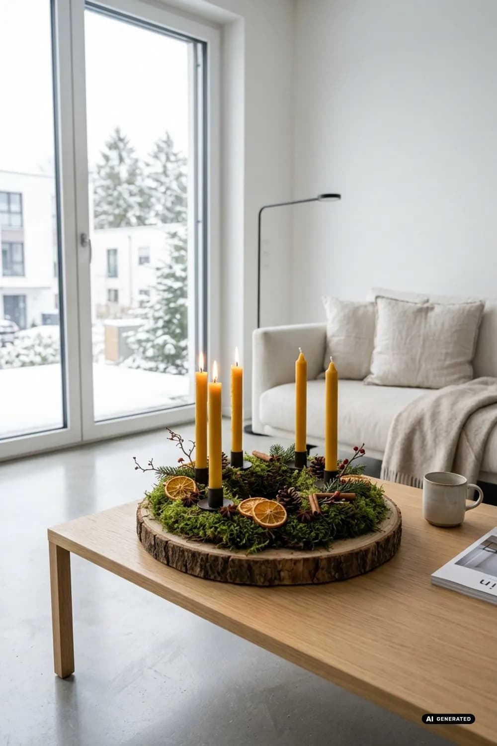 Natürlicher Waldzauber: Moos, Kiefernzapfen, getrocknete Orangenscheiben und Bienenwachskerzen – Adventskranz: Die schönsten Ideen für die Adventszeit