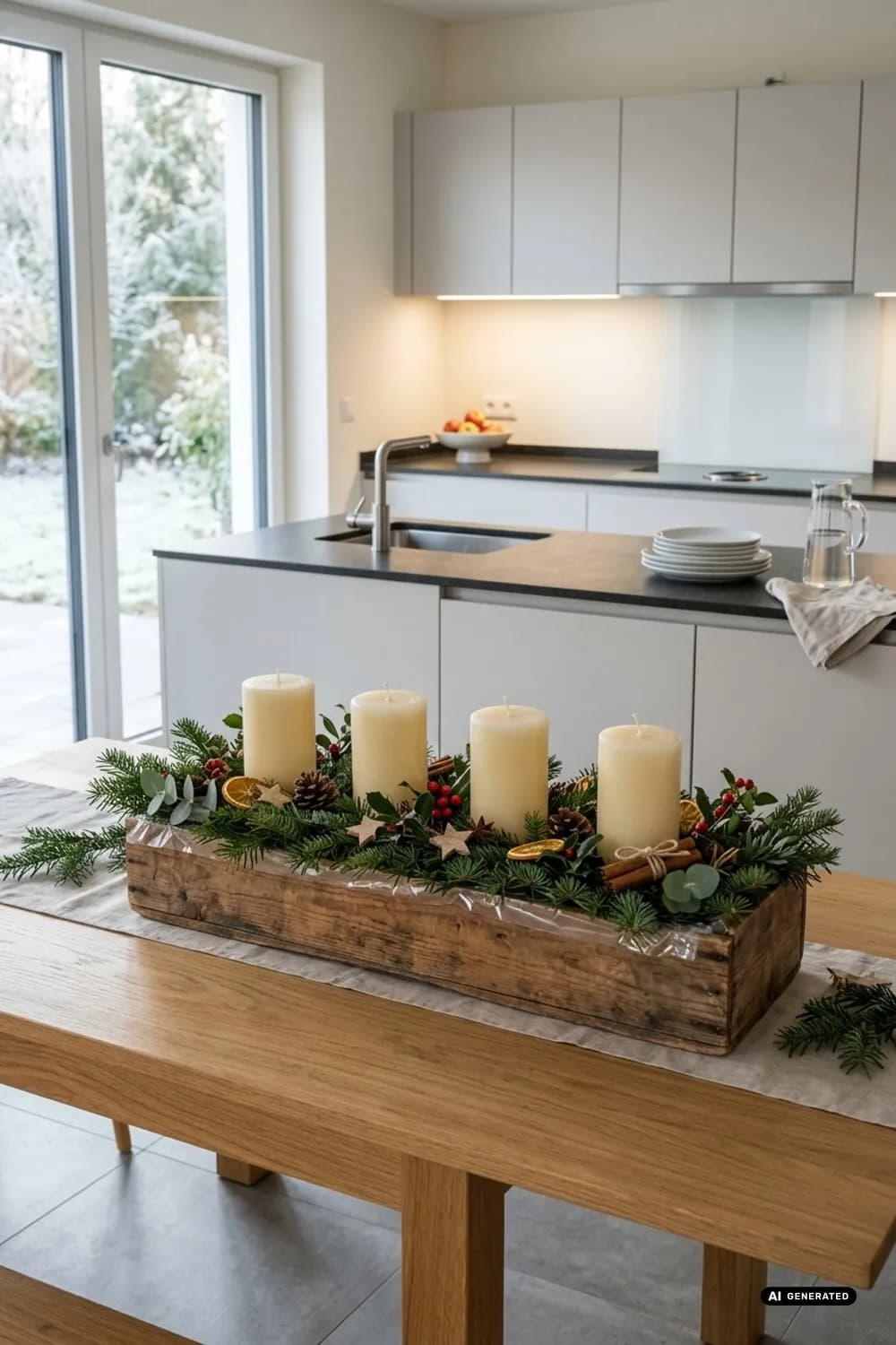 Rustikaler Landhaus-Charme: Längliche Holzkiste, Steckschaum und dicke Blockkerzen – Adventskranz: Die schönsten Ideen für die Adventszeit