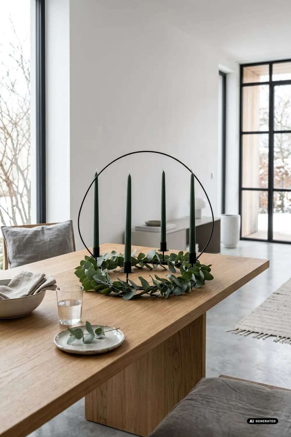 Skandinavische Schlichtheit: Eukalyptus, dünne Stabkerzen und ein filigraner Metallring – Adventskranz: Die schönsten Ideen für die Adventszeit