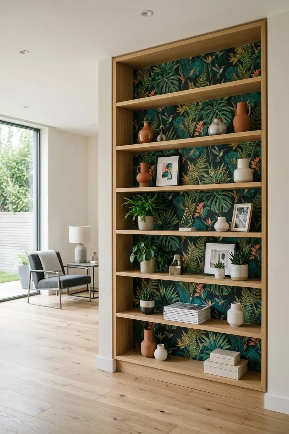 Akzent-Tapete im Regal: Ein offenes Bücherregal mit einer Rückwand aus botanischer Mustertapete – Ausgefallene Deko: 8 schöne Ideen