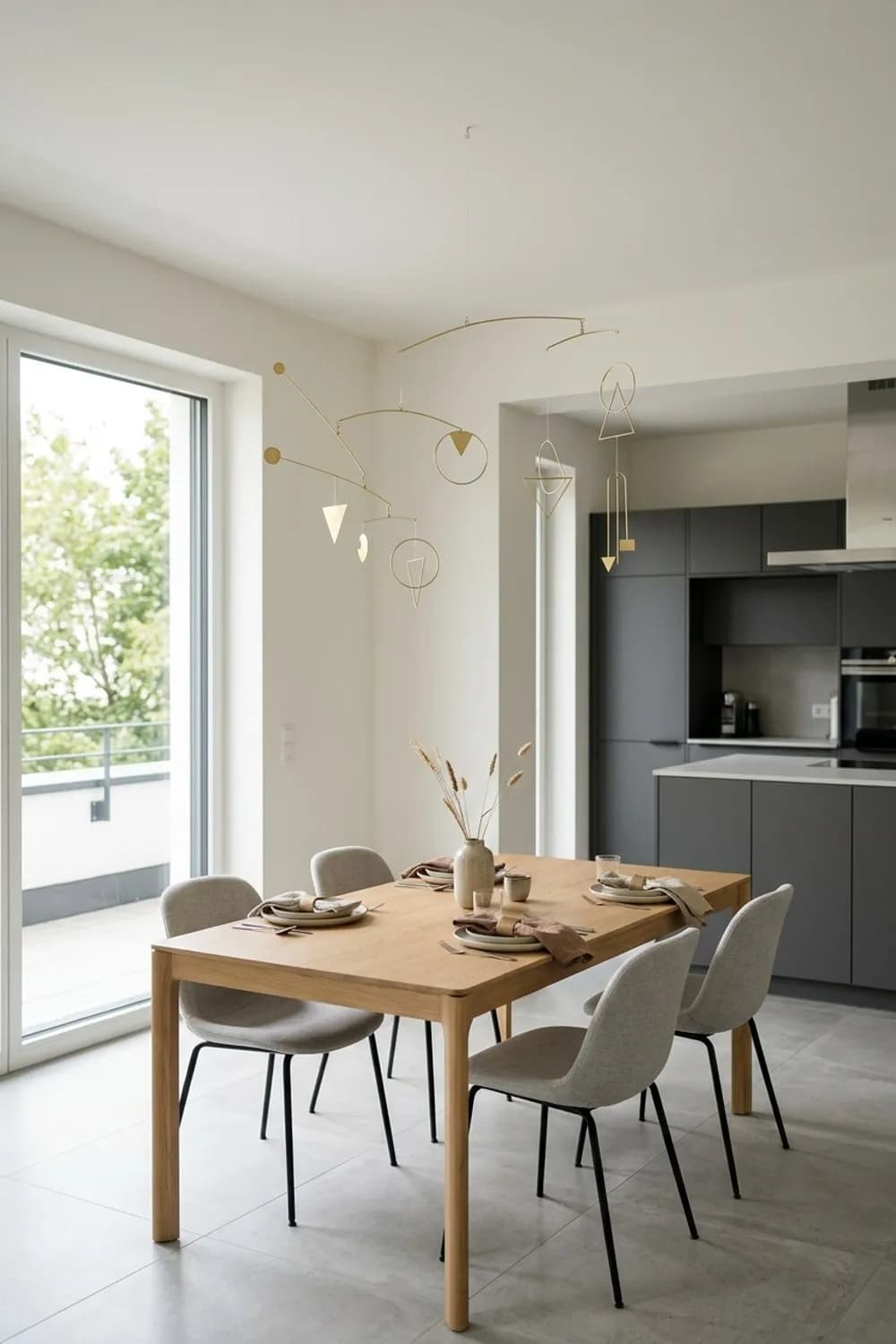 Gestaltete Zimmerdecke: Ein Mobile aus Messing-Elementen über dem Esstisch – Ausgefallene Deko: 8 schöne Ideen