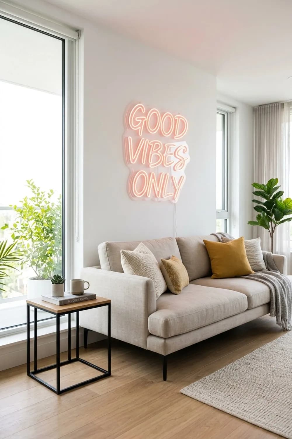 Kreative Lichtquelle: Eine Neon-Leuchtschrift mit einem persönlichen Motto über dem Sofa – Ausgefallene Deko: 8 schöne Ideen