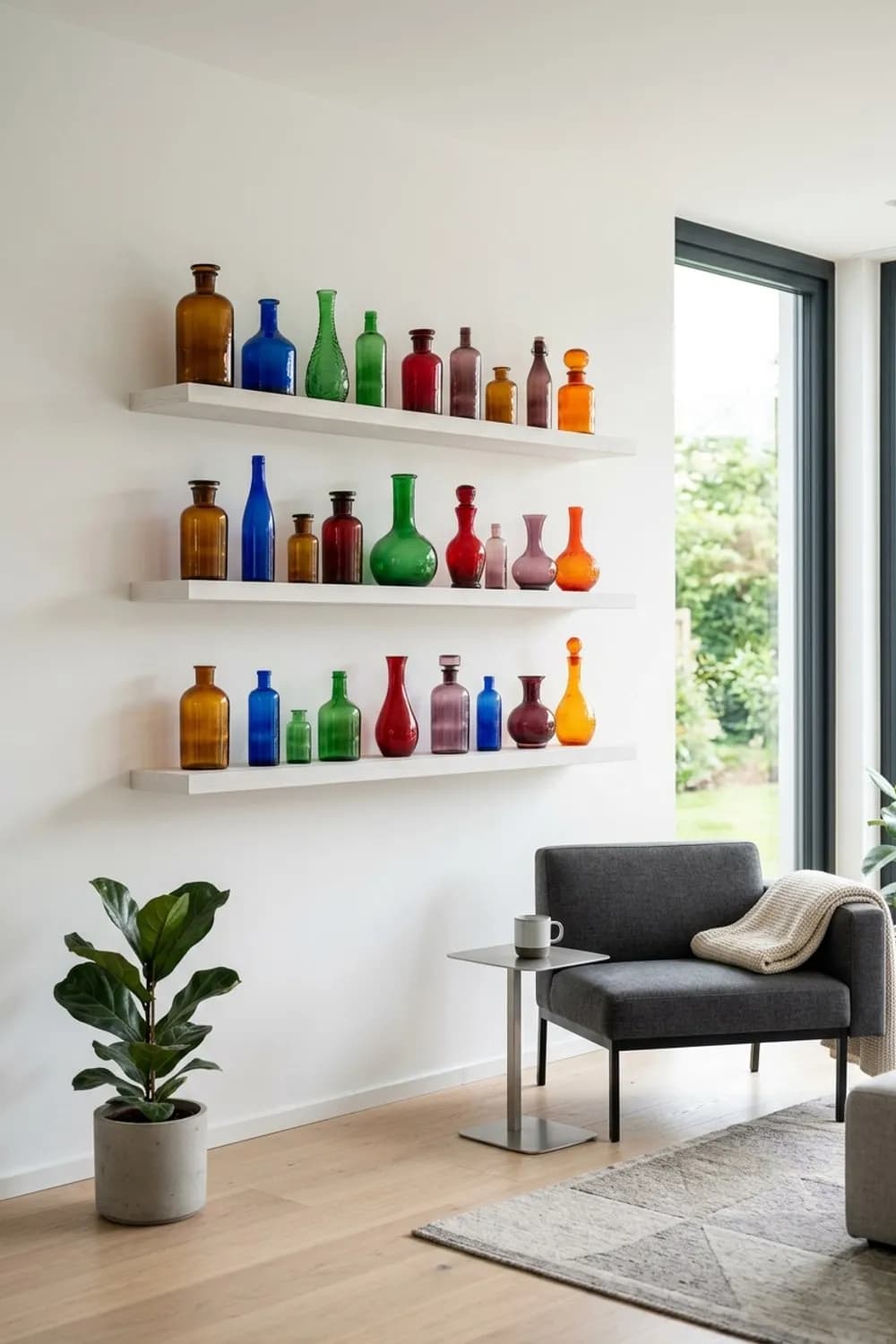 Kuratierte Sammlung: Bunte Glasflaschen aus den 70ern auf schwebenden Wandregalen – Ausgefallene Deko: 8 schöne Ideen