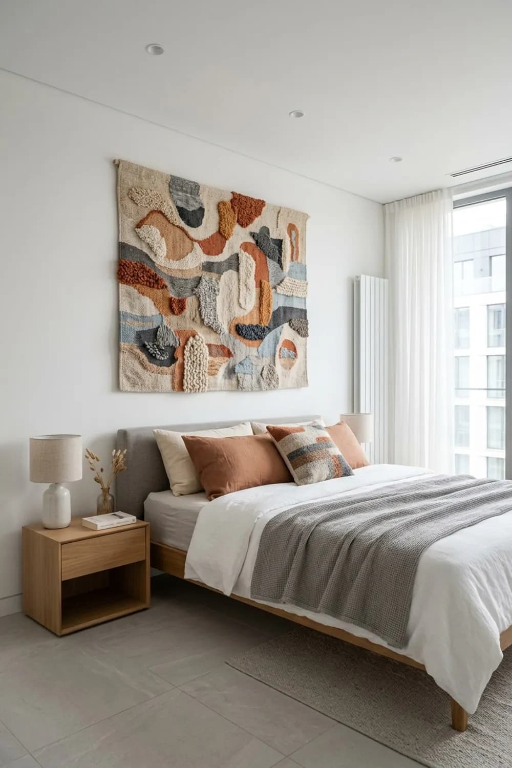 Moderner Wandteppich: Ein großes, abstrakt gewebtes Kunstwerk aus Wolle über dem Bett – Ausgefallene Deko: 8 schöne Ideen