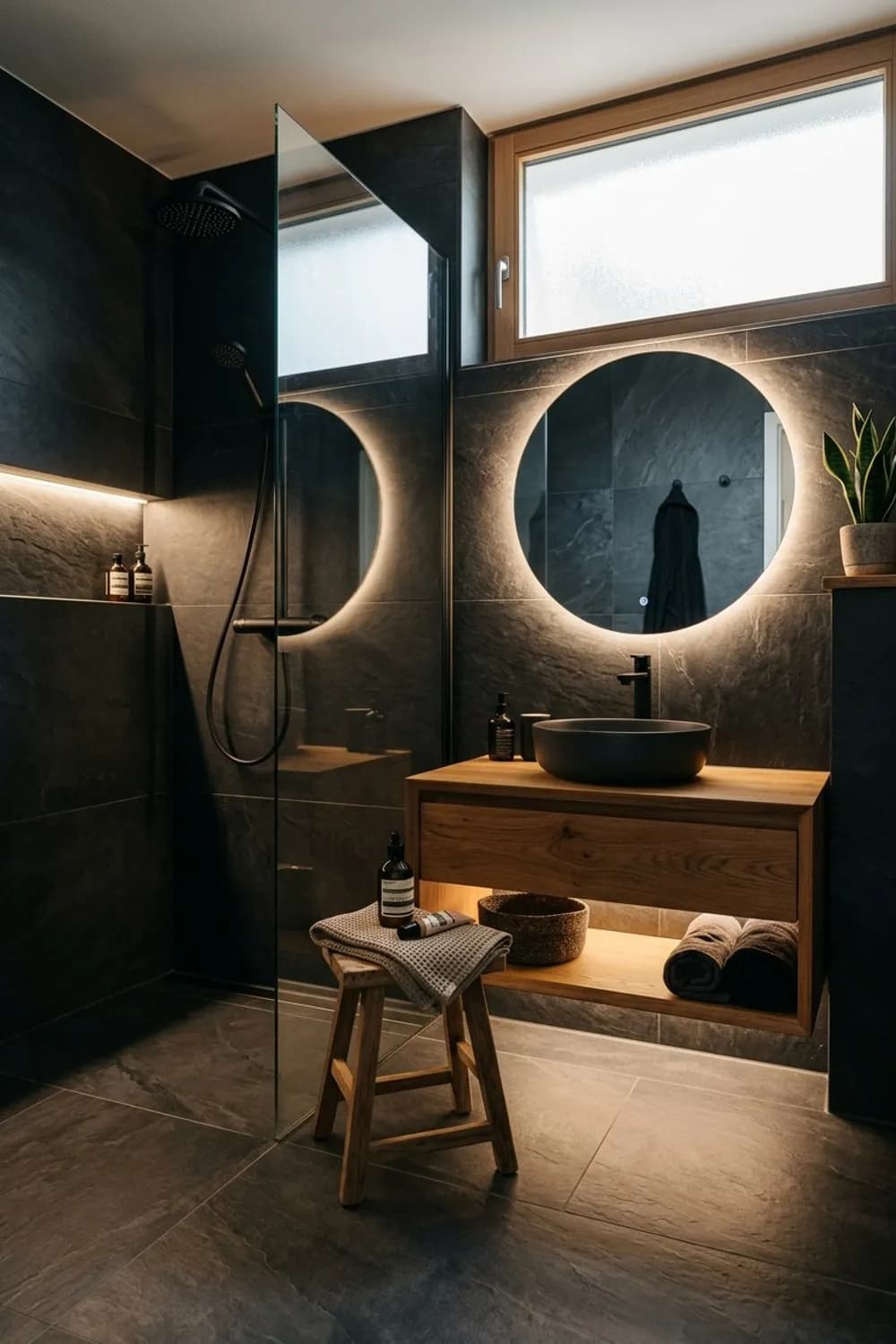 Dramatische Eleganz: Dunkle Schieferoptik an Wand und Boden, indirektes Licht und Holzelemente – Badezimmer mit Fliesen gestalten: Die 9 schönsten Ideen