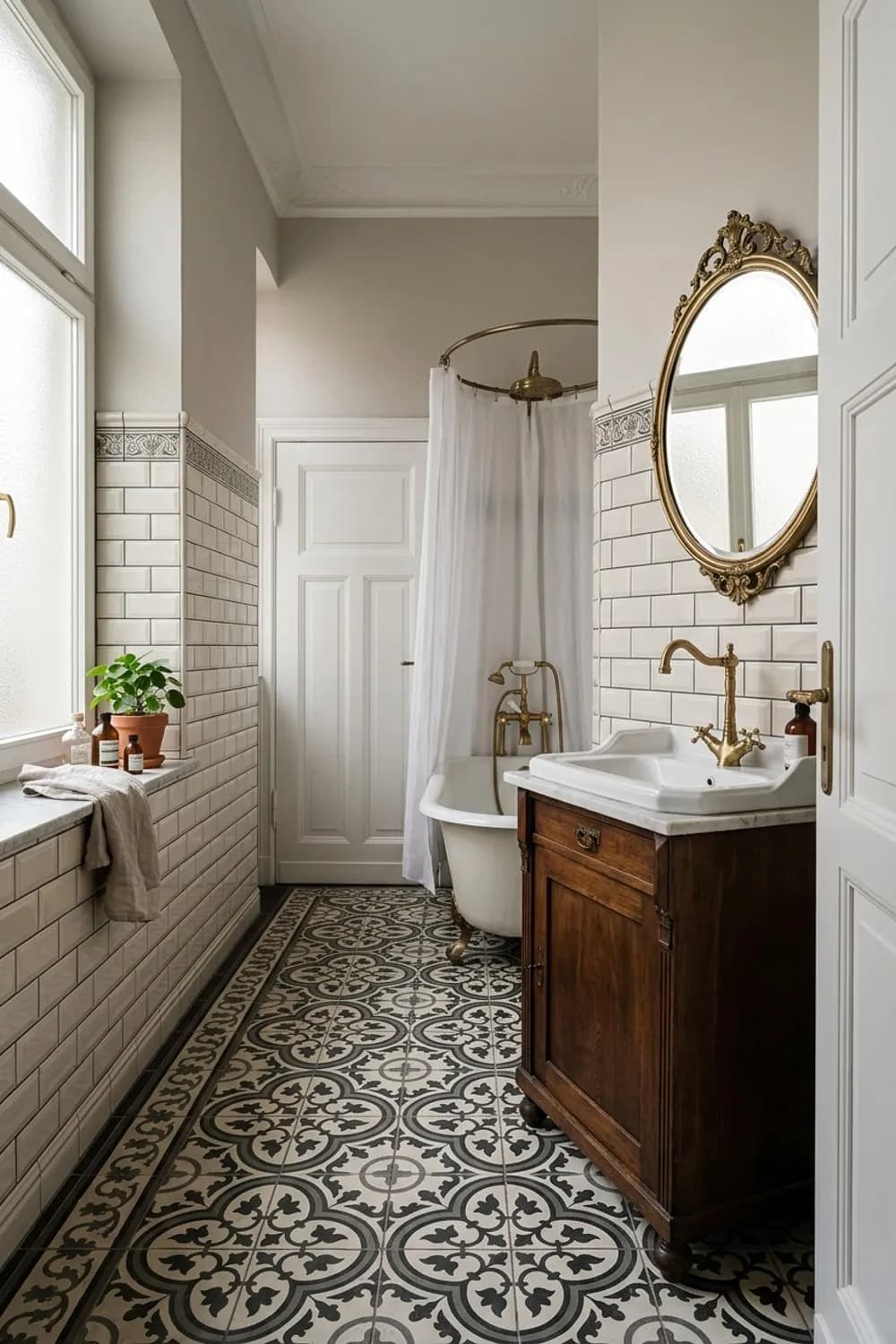 Historischer Charme: Gemusterte Zementfliesen-Optik am Boden, facettierte Wandfliesen und Retro-Armaturen – Badezimmer mit Fliesen gestalten: Die 9 schönsten Ideen