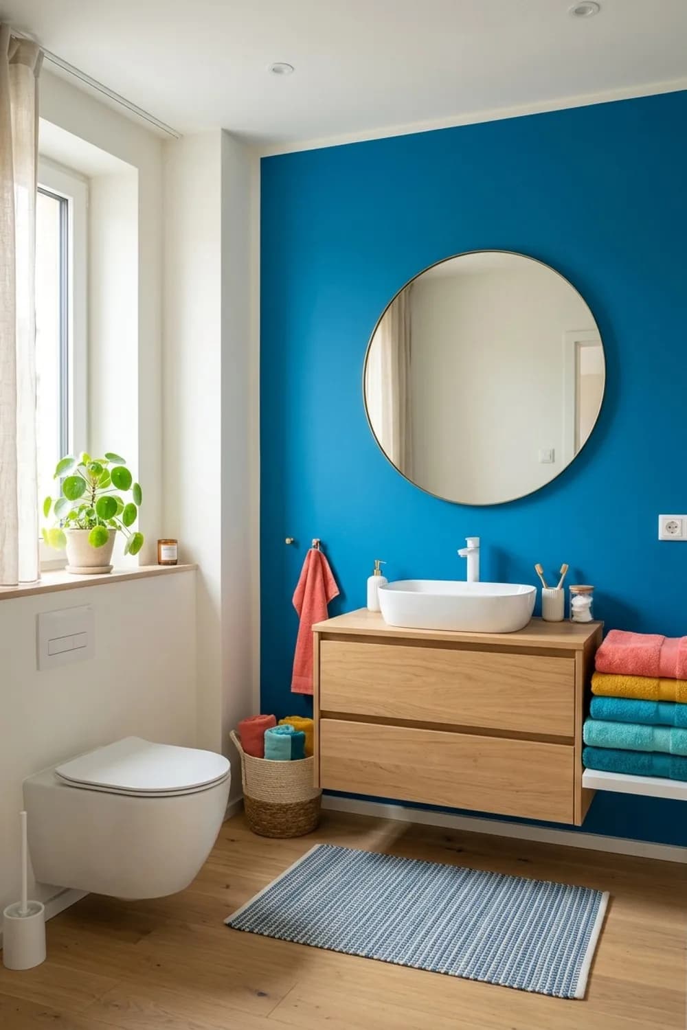 Farbenfroher Akzent: Eine kräftige Wandfarbe, weiße Sanitärobjekte und bunte Handtücher – Badezimmer-Ideen: Die 12 schönsten Inspirationen für dein Bad