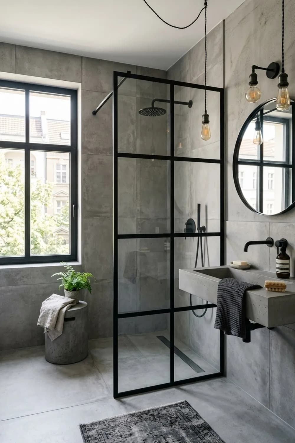 Industrie-Chic: Betonoptik-Fliesen, eine offene Dusche mit schwarzem Stahlrahmen und Edison-Glühbirnen – Badezimmer-Ideen: Die 12 schönsten Inspirationen für dein Bad