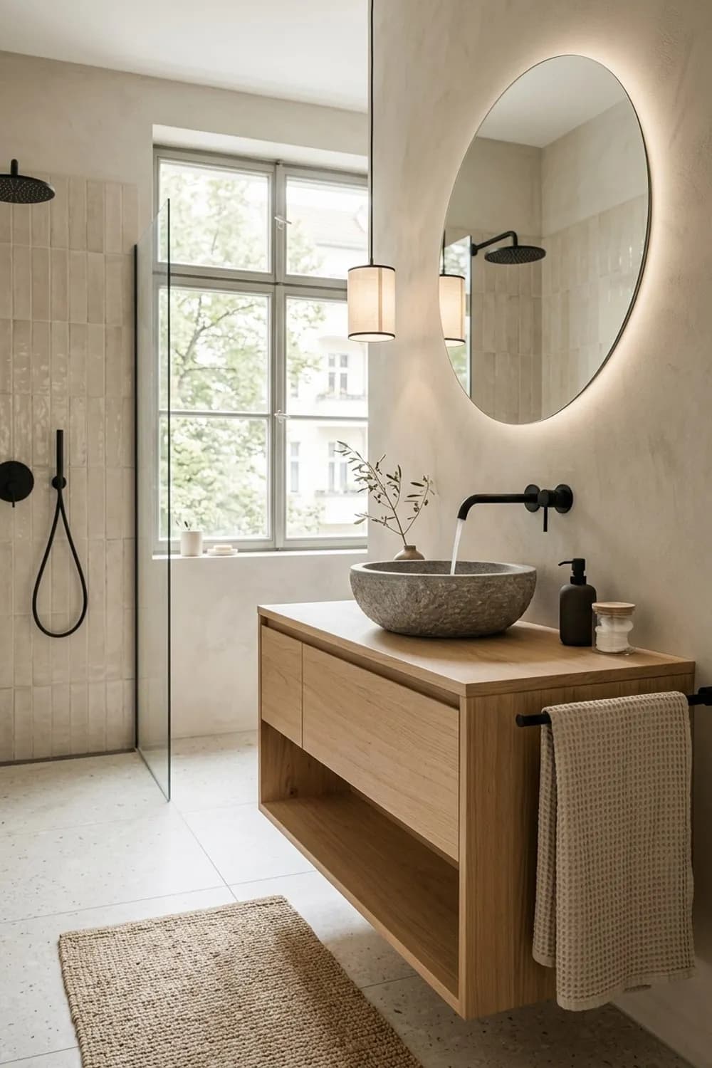 Japandi-Stil: Helle Holztöne, ein Aufsatzwaschbecken aus Stein und schwarze Armaturen – Badezimmer-Ideen: Die 12 schönsten Inspirationen für dein Bad