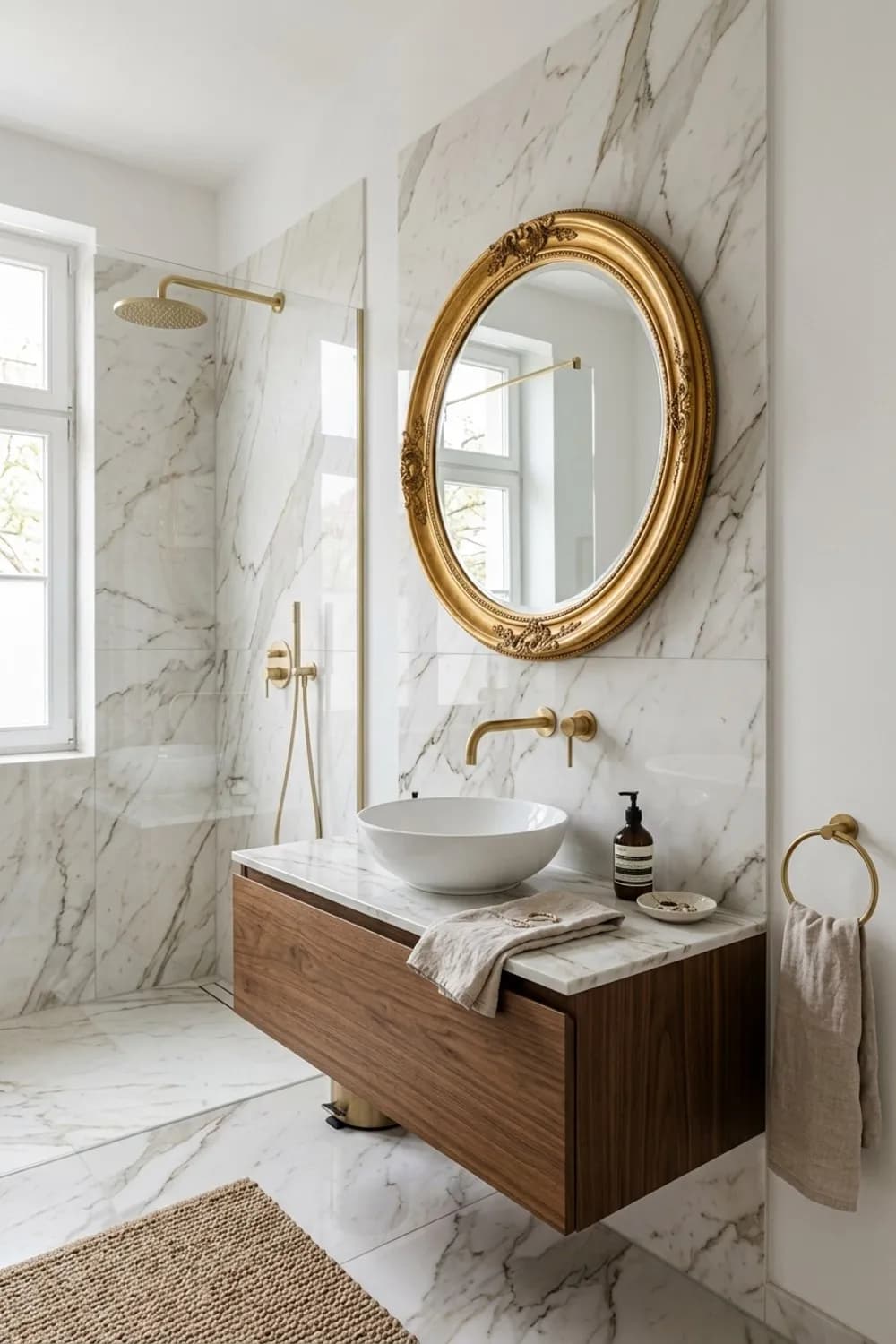 Luxuriöser Glamour: Großformatige Marmorfliesen, goldene Armaturen und ein opulenter Spiegel – Badezimmer-Ideen: Die 12 schönsten Inspirationen für dein Bad