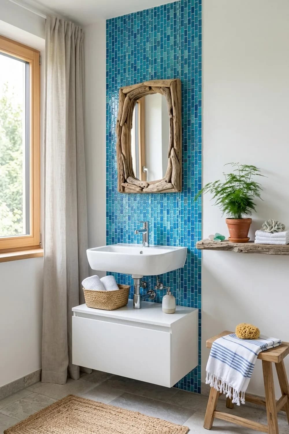 Maritimer Look: Blaue Mosaikfliesen, weiße Badmöbel und Deko-Elemente aus Treibholz – Badezimmer-Ideen: Die 12 schönsten Inspirationen für dein Bad