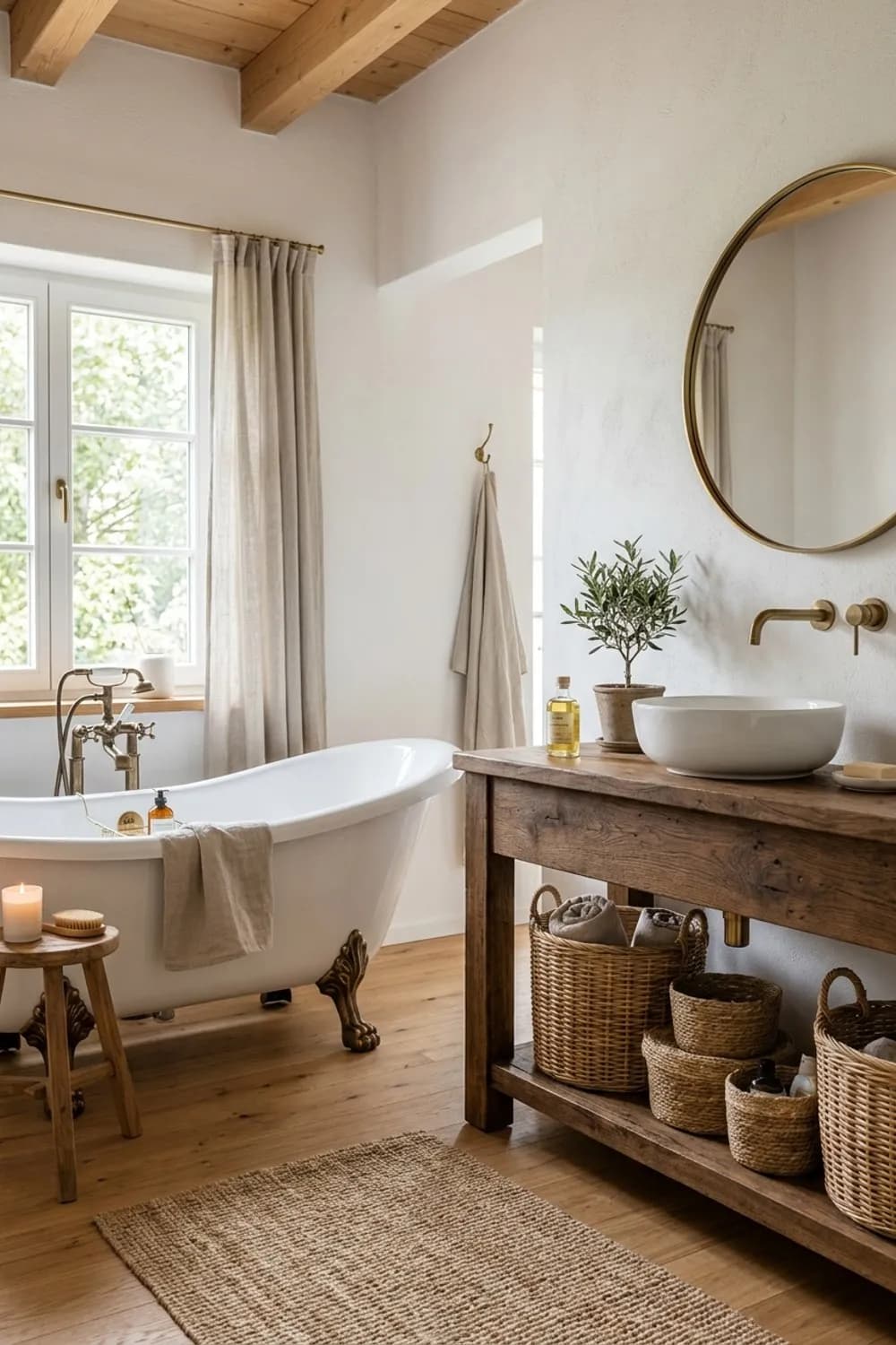 Moderner Landhausstil: Holzwaschtisch, freistehende Wanne und geflochtene Körbe – Badezimmer-Ideen: Die 12 schönsten Inspirationen für dein Bad