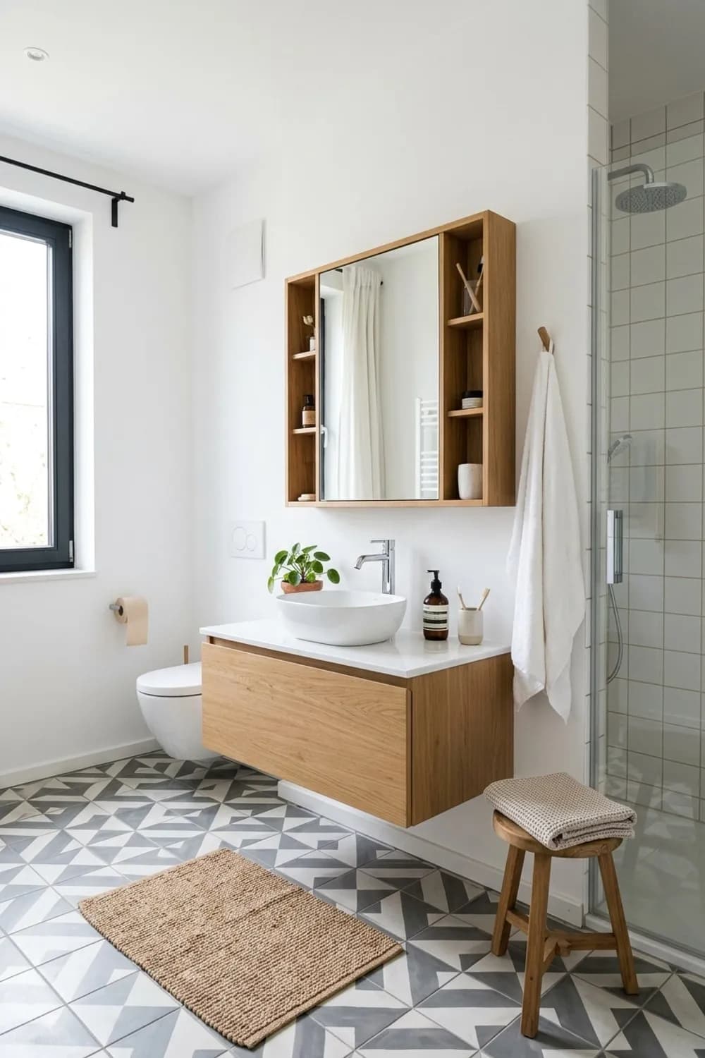 Skandinavische Klarheit: Weiße Wände, geometrische Bodenfliesen und ein Spiegelschrank mit Holzrahmen – Badezimmer-Ideen: Die 12 schönsten Inspirationen für dein Bad