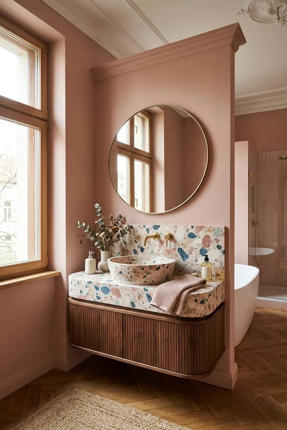 Terrazzo-Comeback: Ein Waschtisch aus Terrazzo, roséfarbene Wandfarbe und runde Formen – Badezimmer-Ideen: Die 12 schönsten Inspirationen für dein Bad