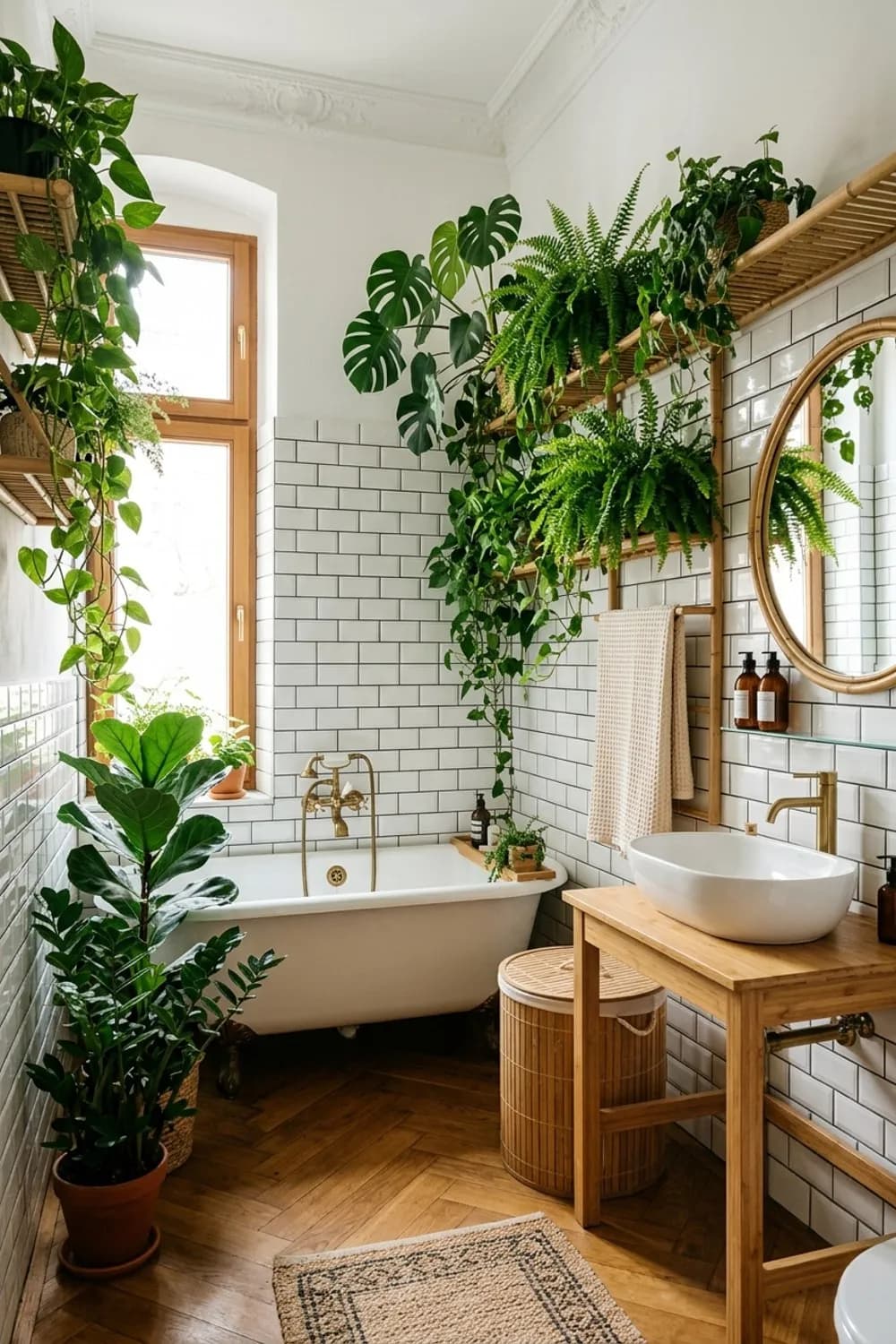 Urban Jungle: Üppige Grünpflanzen, weiße Metro-Fliesen und Akzente aus Bambus – Badezimmer-Ideen: Die 12 schönsten Inspirationen für dein Bad