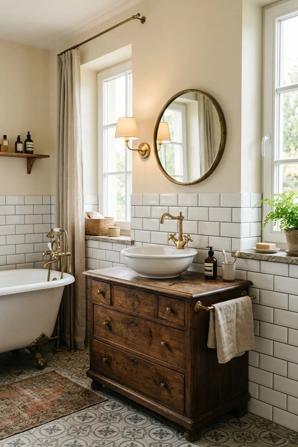 Vintage-Charme: Antike Kommode als Waschtischunterschrank, Metro-Fliesen mit dunkler Fuge und nostalgische Armaturen – Badezimmer-Ideen: Die 12 schönsten Inspirationen für dein Bad