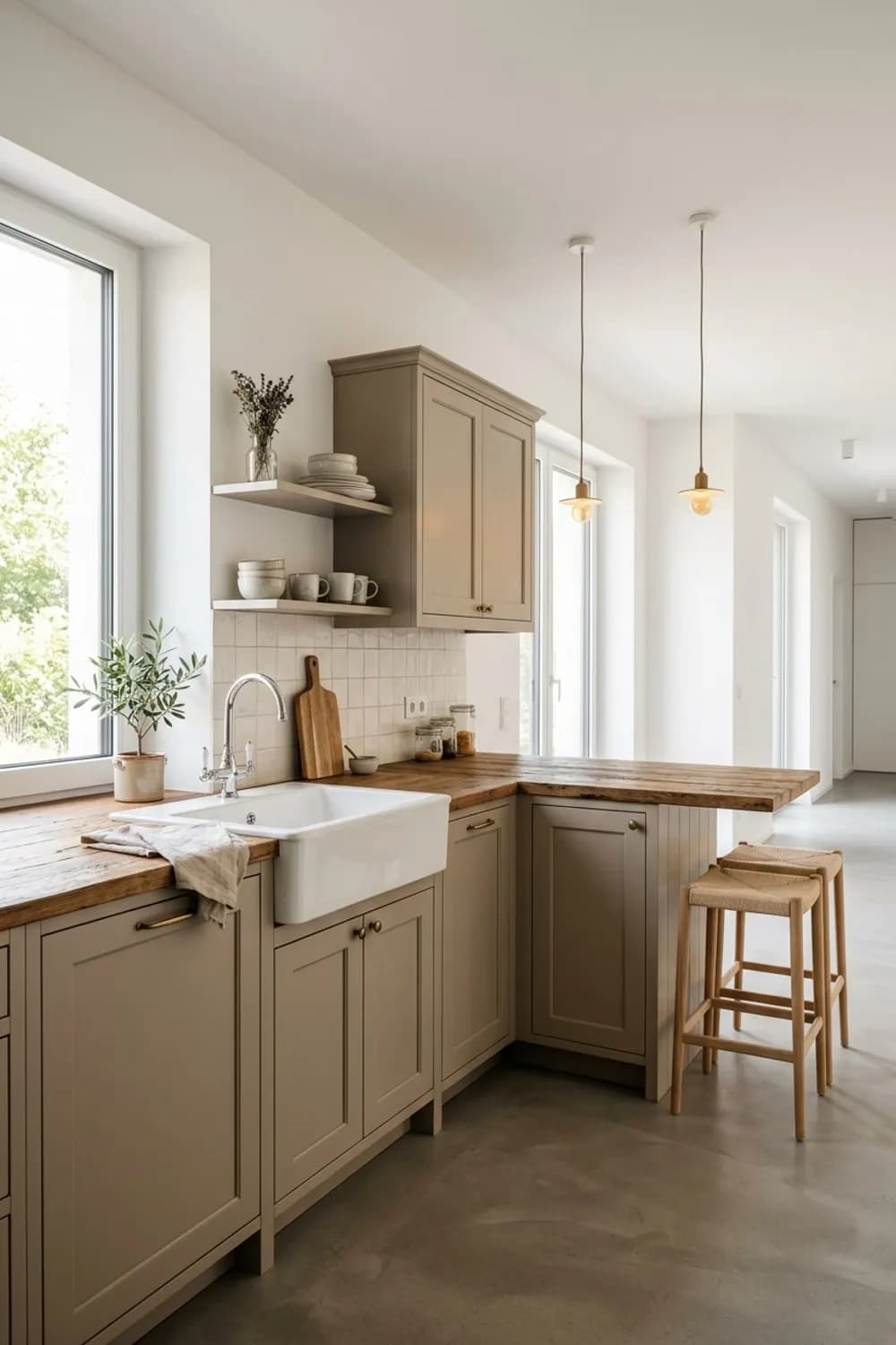 Gemütlicher Landhausstil: Kassettenfronten in Greige, eine Theke aus Altholz und eine Keramikspüle – Beige Küche: 10 wunderschöne Ideen