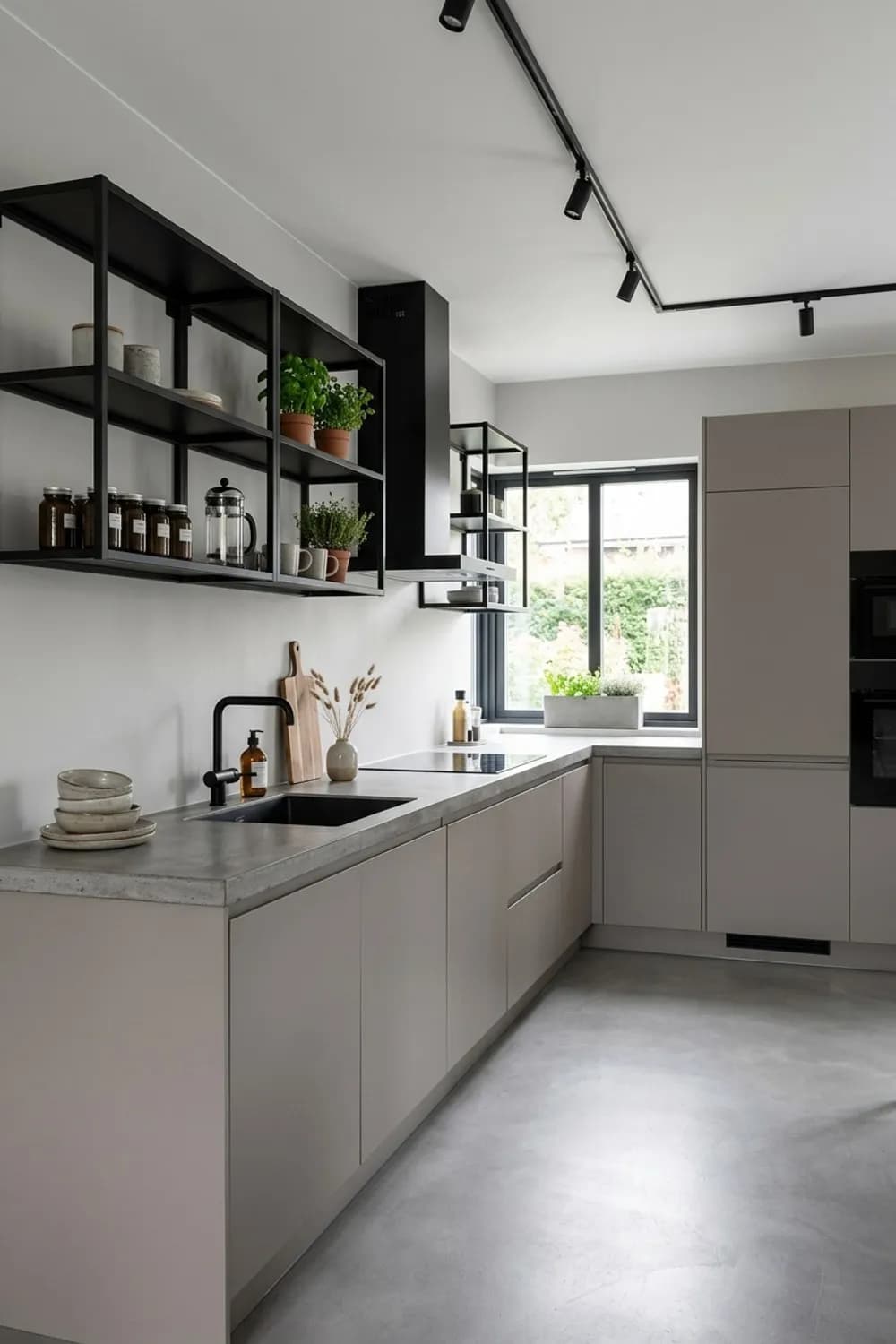 Industrial-Akzente: Matte Taupe-Fronten, eine Arbeitsplatte in Betonoptik und schwarze Metallregale – Beige Küche: 10 wunderschöne Ideen