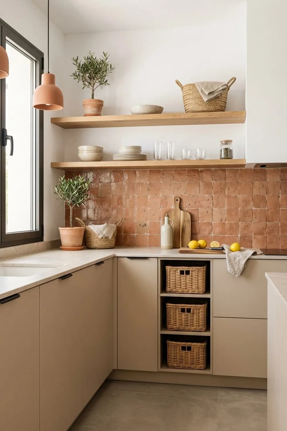 Mediterranes Flair: Warme Terrakotta-Fliesen als Rückwand, offene Holzregale und Korbelemente – Beige Küche: 10 wunderschöne Ideen