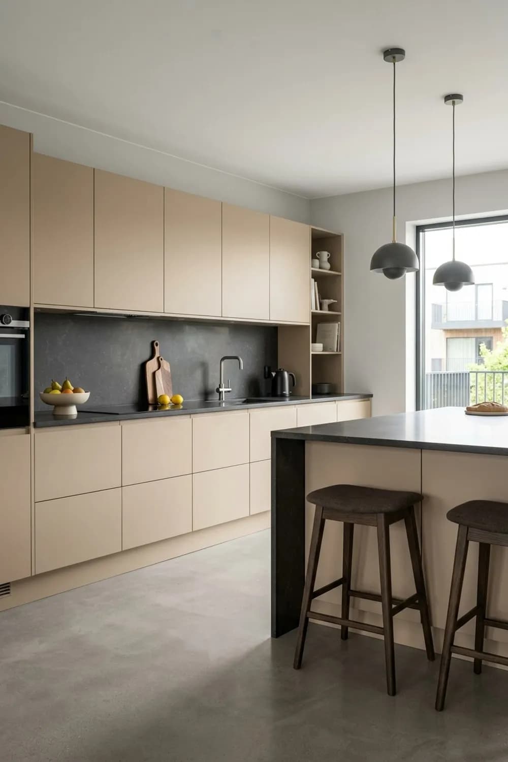 Moderne Ruhe: Sandfarbene Fronten, eine dunkle Stein-Arbeitsplatte und grifflose Schränke – Beige Küche: 10 wunderschöne Ideen