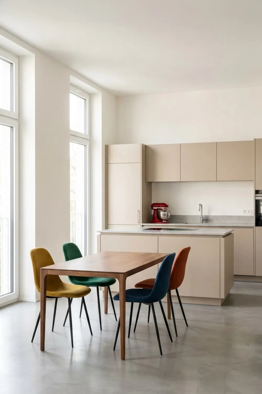 Mut zur Farbe: Neutrale Küchenbasis, bunte Stühle am Esstisch und eine farbige Küchenmaschine – Beige Küche: 10 wunderschöne Ideen