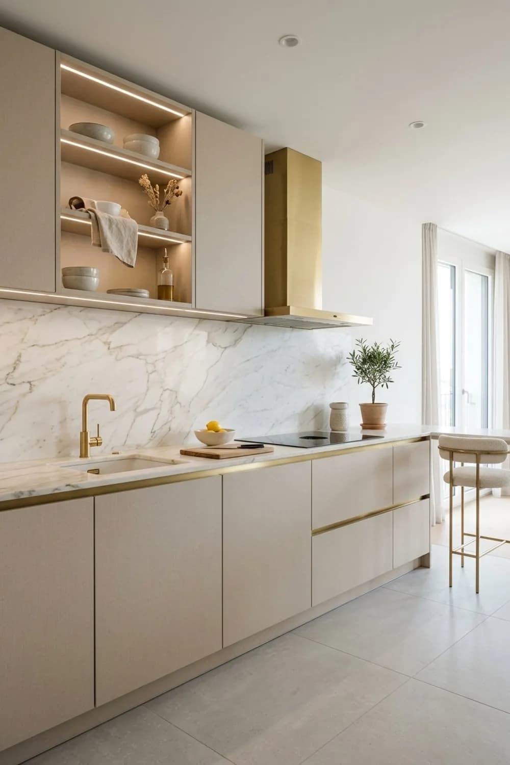 Natürliche Eleganz: Leinenfarbene Fronten, eine Marmor-Rückwand und goldene Details – Beige Küche: 10 wunderschöne Ideen