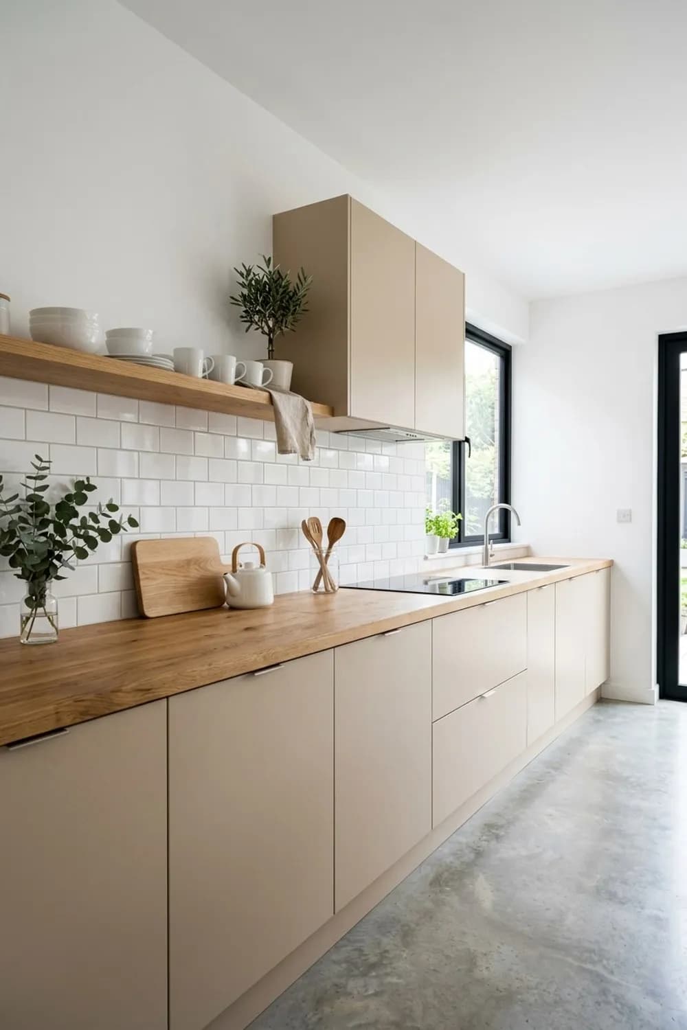 Skandi-Charme: Kaschmir-Fronten, eine Arbeitsplatte aus heller Eiche und weiße Metrofliesen – Beige Küche: 10 wunderschöne Ideen