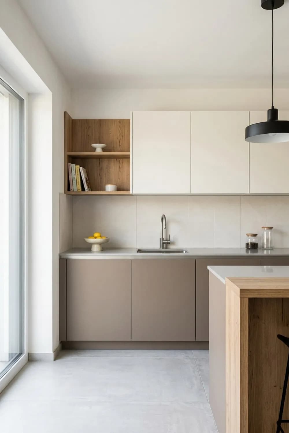 Zweifarbige Gestaltung: Oberschränke in Cremeweiß, Unterschränke in Schlamm und Holzakzente – Beige Küche: 10 wunderschöne Ideen