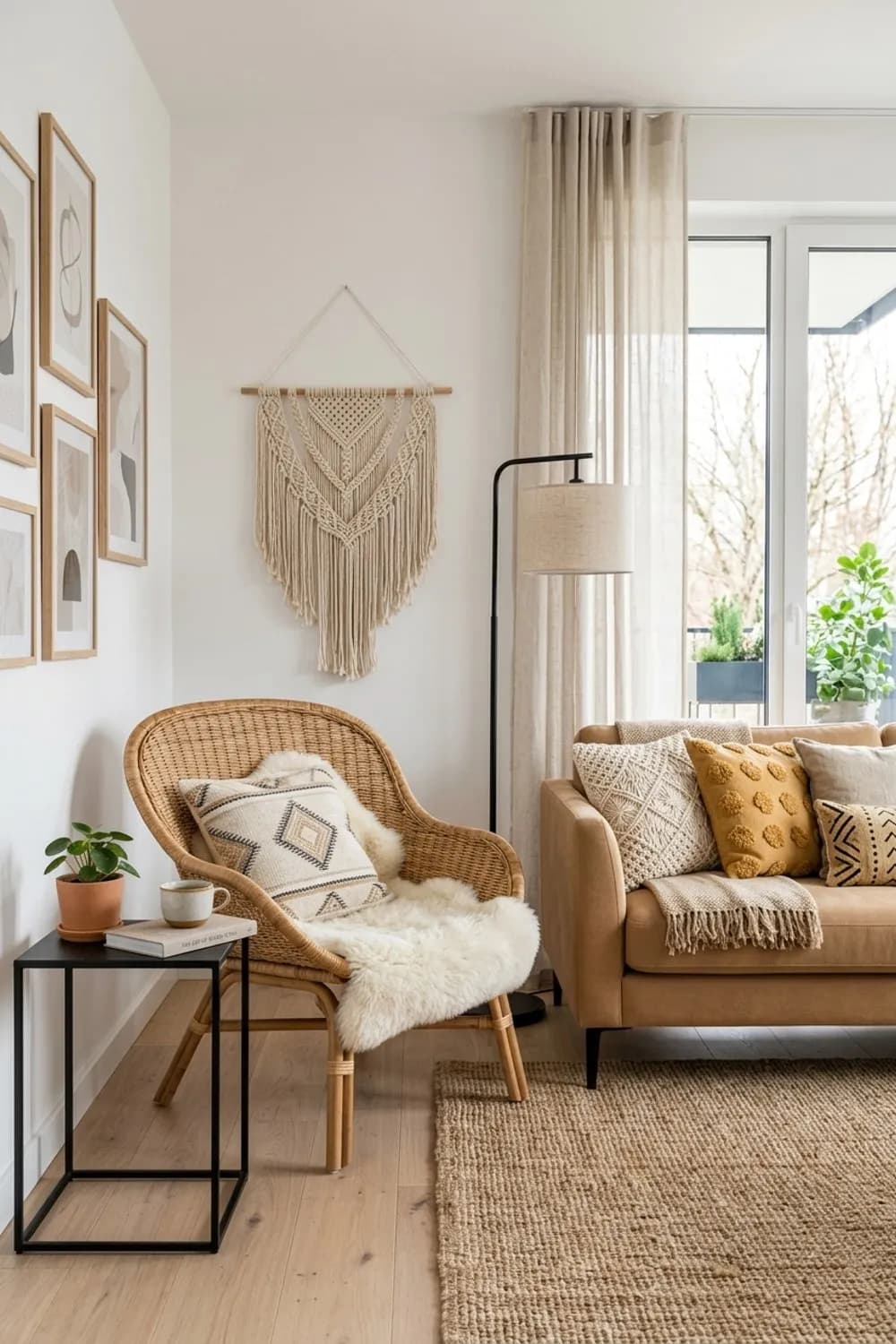 Boho-Gemütlichkeit: Rattan-Sessel, Makramee-Wandbehang und Kissen-Mix – Beiges Wohnzimmer: 10 schöne Ideen