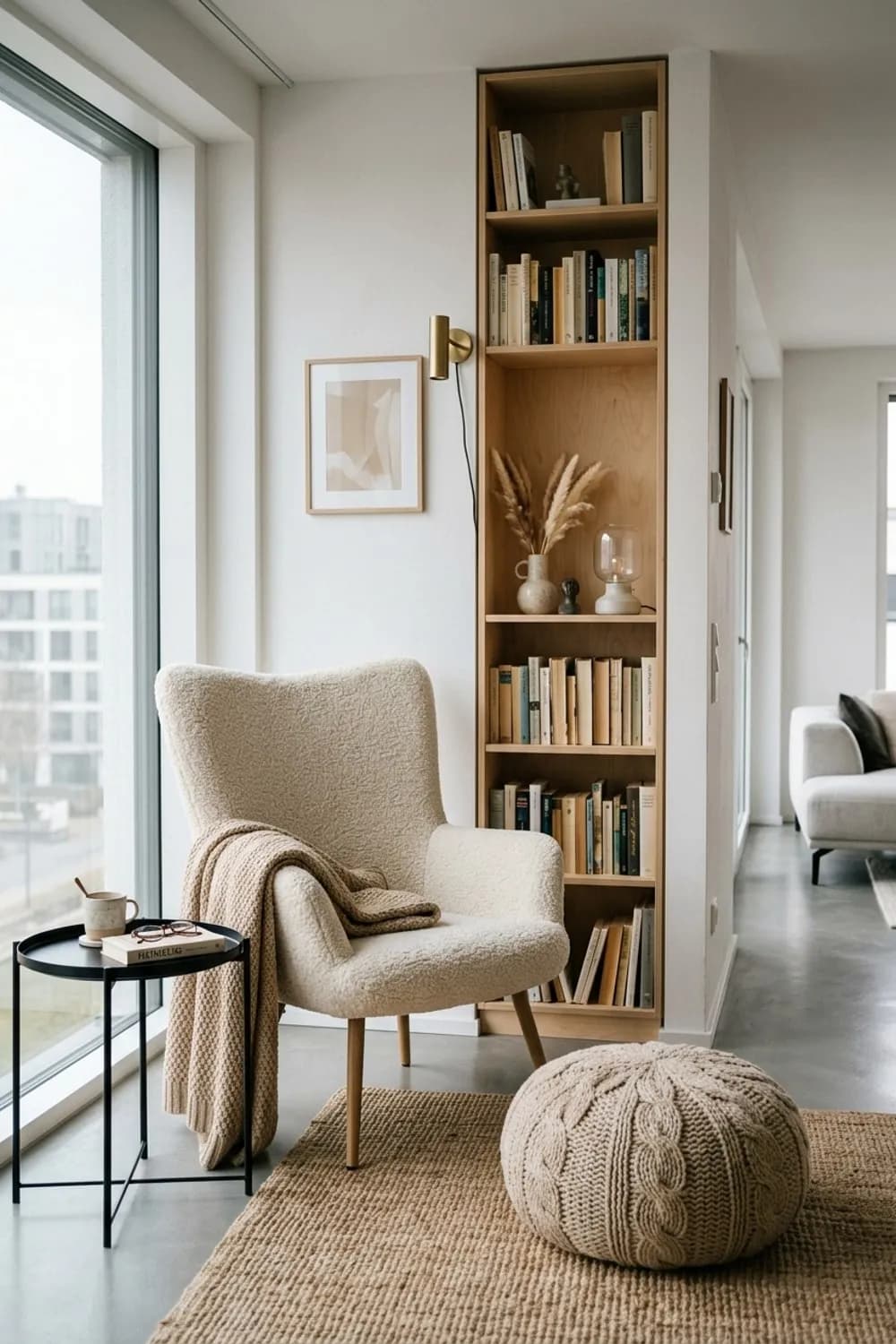 Gemütliche Leseecke: Ohrensessel in Creme, Bücherregal aus Holz und Strickpouf – Beiges Wohnzimmer: 10 schöne Ideen