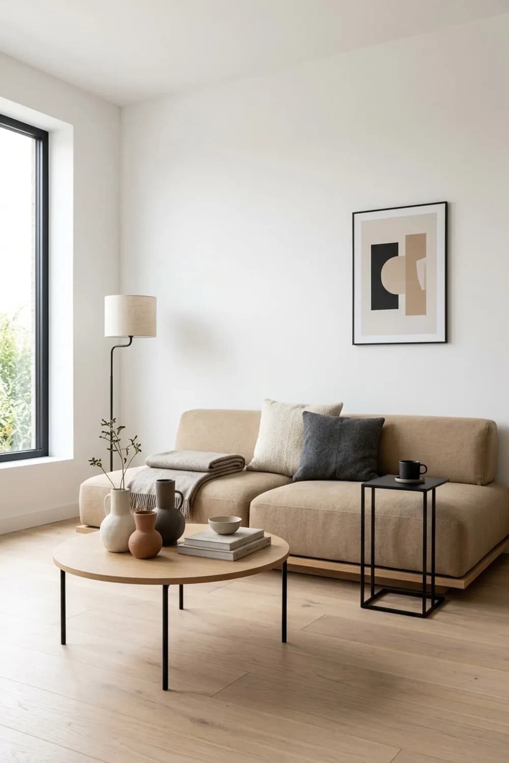 Japandi-Harmonie: Niedriges Podestbett-Sofa, schwarze Akzente und Keramikvasen – Beiges Wohnzimmer: 10 schöne Ideen