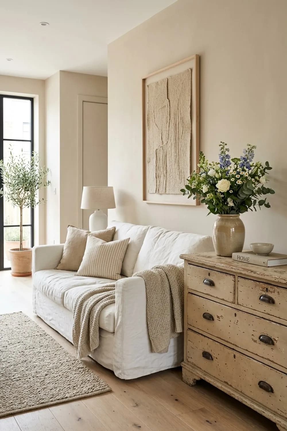 Landhaus-Charme: Stoffsofa mit Husse, Vintage-Kommode und frische Schnittblumen – Beiges Wohnzimmer: 10 schöne Ideen