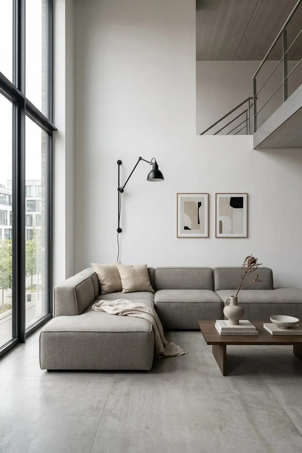 Minimalistisches Loft: Modulsofa in Greige, Betonoptik-Boden und Industrieleuchte – Beiges Wohnzimmer: 10 schöne Ideen