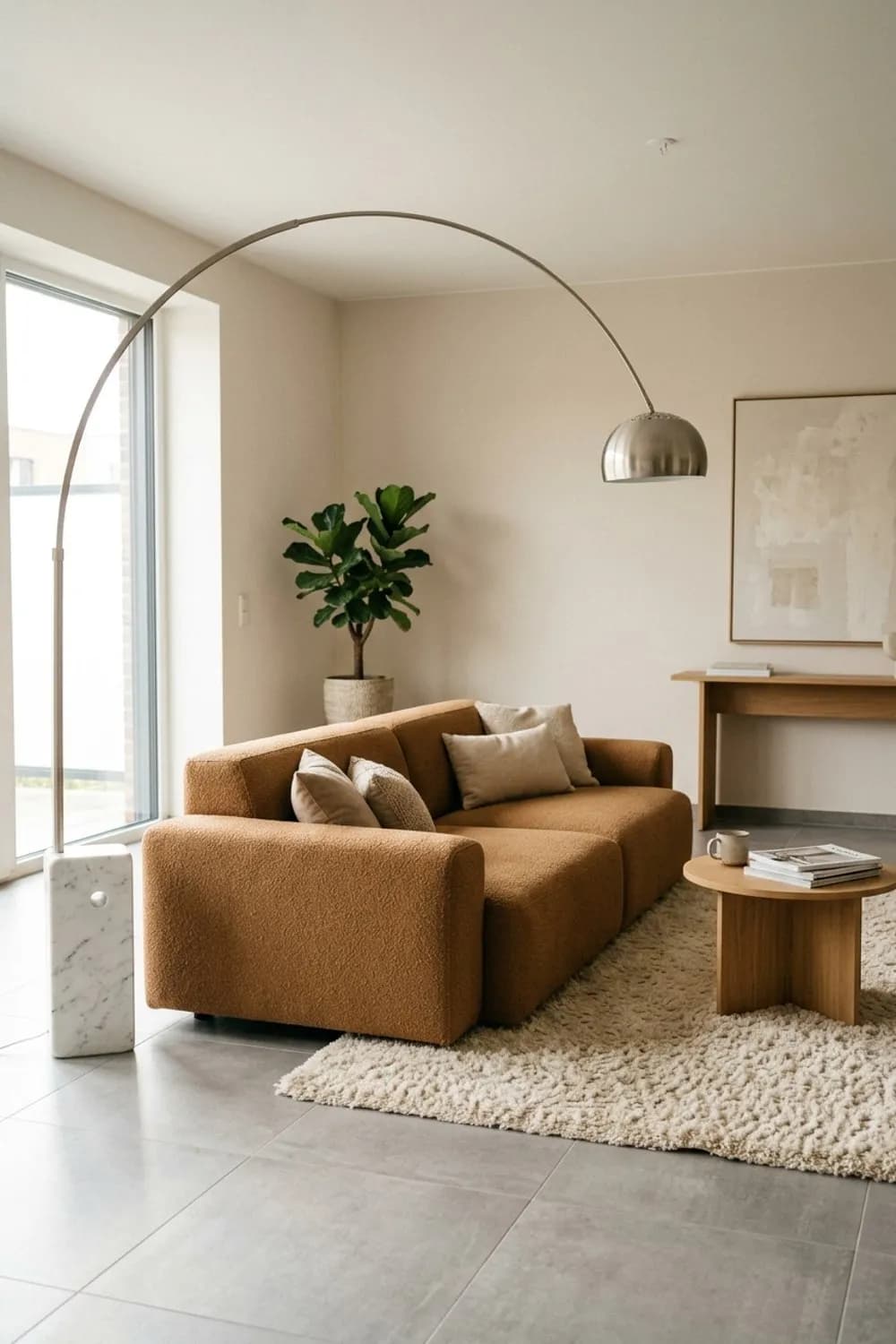 Retro-Revival: Niedriges 70er-Sofa, Bogenlampe und Shaggy-Teppich – Beiges Wohnzimmer: 10 schöne Ideen