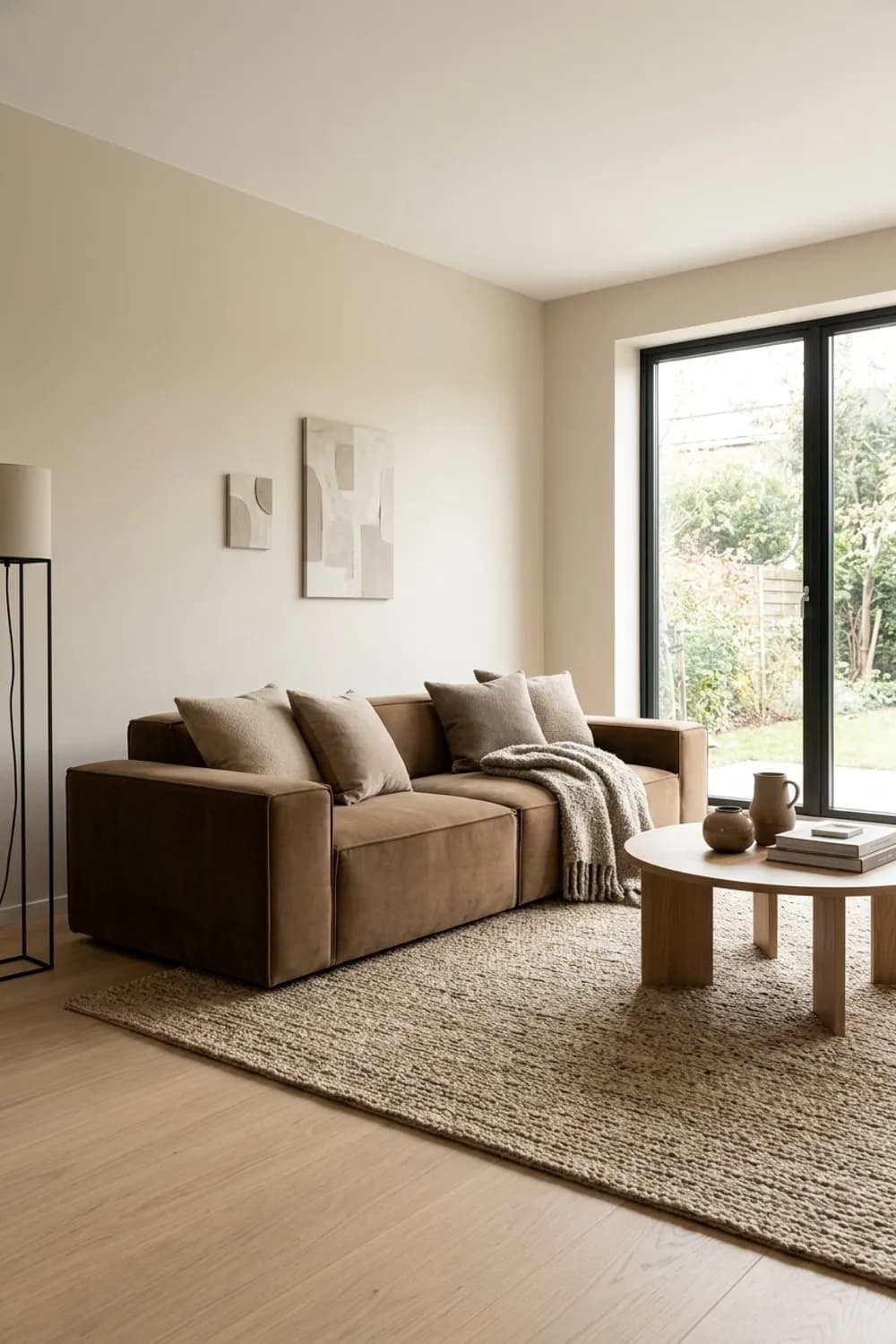 Ton-in-Ton-Eleganz: Sofa, Wand und Teppich in abgestuften Sandtönen – Beiges Wohnzimmer: 10 schöne Ideen