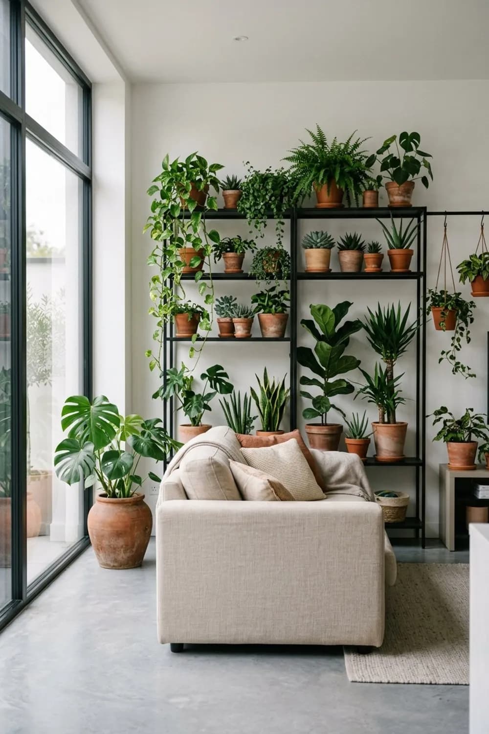 Urban Jungle: Hellbeiges Sofa, Pflanzenregal und Terrakotta-Töpfe – Beiges Wohnzimmer: 10 schöne Ideen