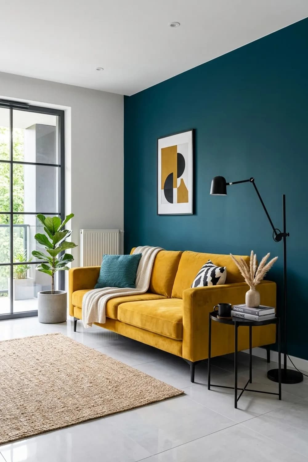 Akzentwand in Petrol: Samtsofa in Senfgelb und schwarze Metall-Details – Buntes Wohnzimmer: 9 schöne Ideen