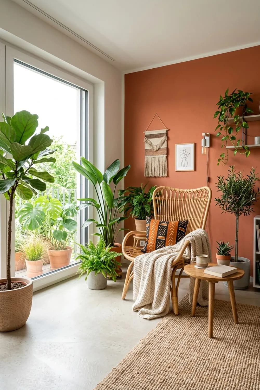 Boho-Chic: Terrakotta-Wand, Rattan-Sessel und viele Grünpflanzen – Buntes Wohnzimmer: 9 schöne Ideen