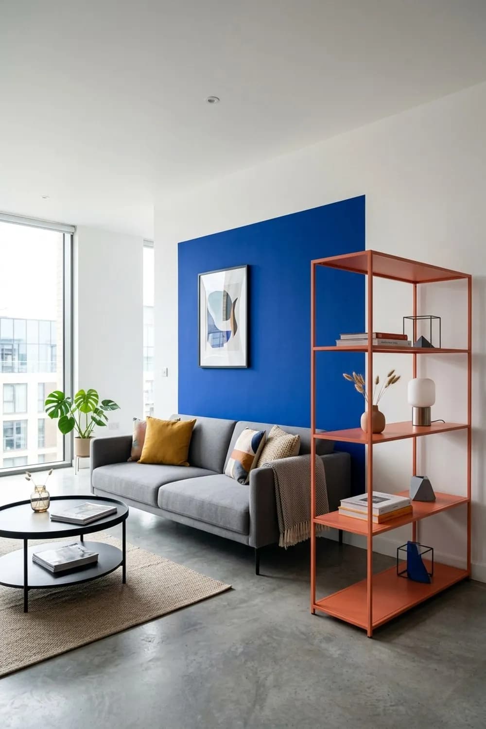 Colour-Blocking: Blaue Wandfläche trifft auf korallfarbenes Regal – Buntes Wohnzimmer: 9 schöne Ideen