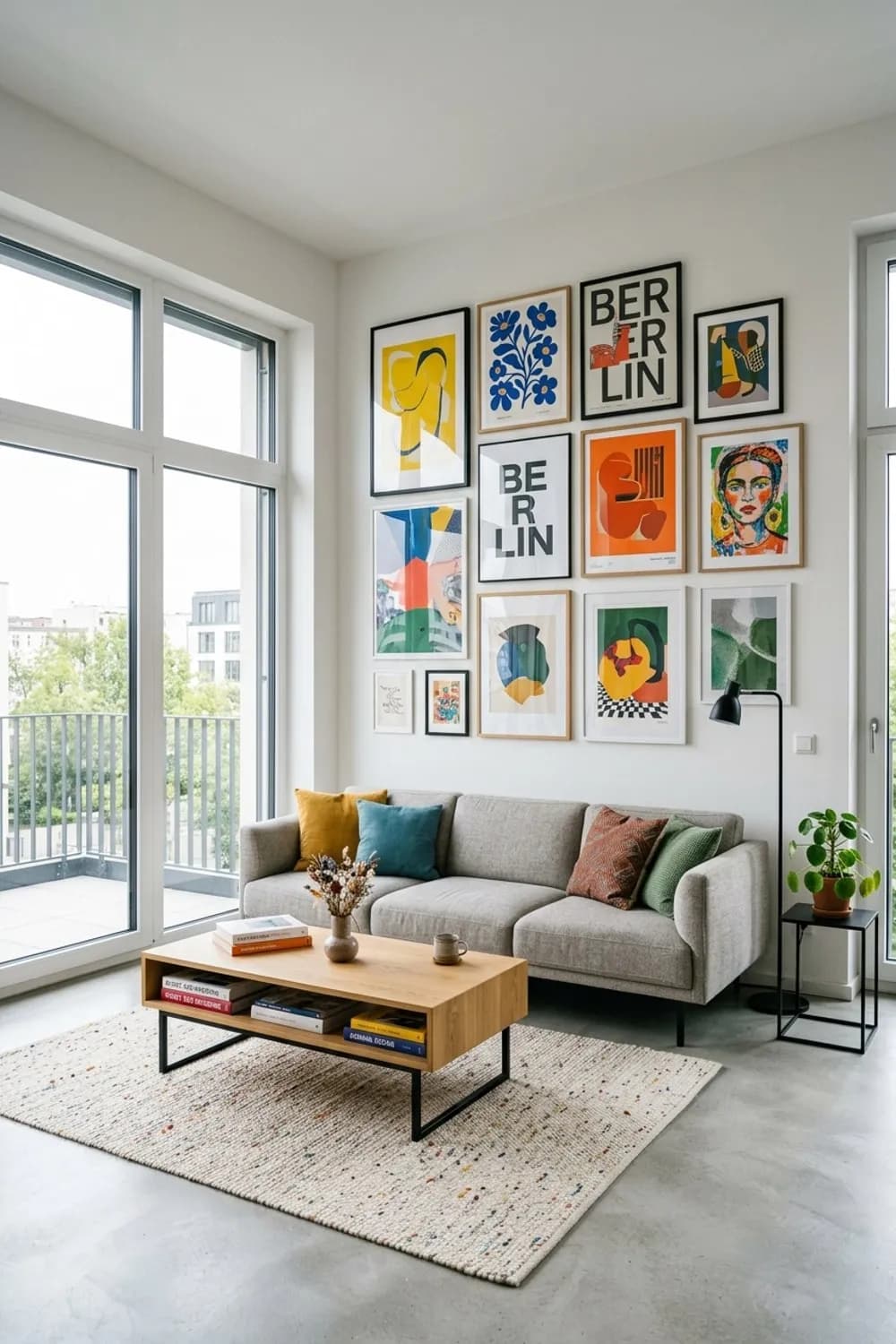 Galerie-Wand als Farb-Fokus: Weiße Wände mit einer Sammlung bunter Poster – Buntes Wohnzimmer: 9 schöne Ideen