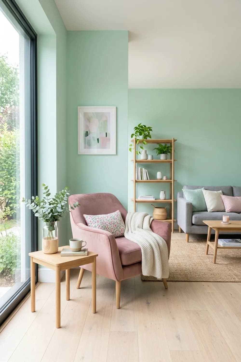 Pastell-Mix: Mintgrüne Wände, rosa Sessel und helle Holzmöbel – Buntes Wohnzimmer: 9 schöne Ideen
