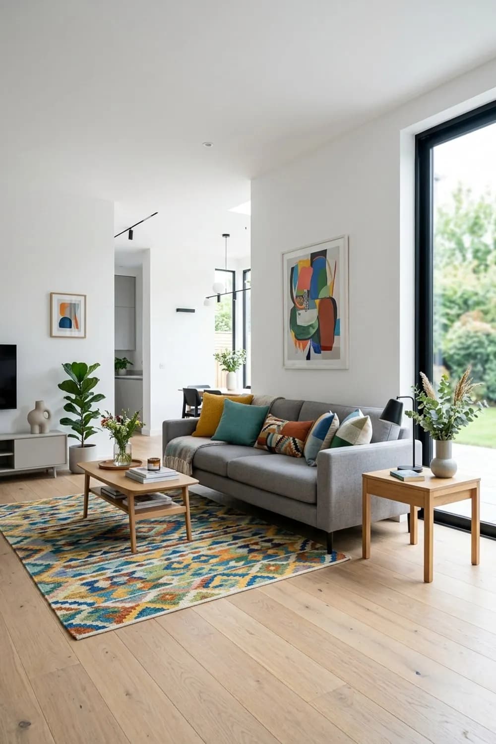 Skandi-Stil mit Farbtupfern: Graues Sofa, bunte Kissen und ein knalliger Teppich – Buntes Wohnzimmer: 9 schöne Ideen