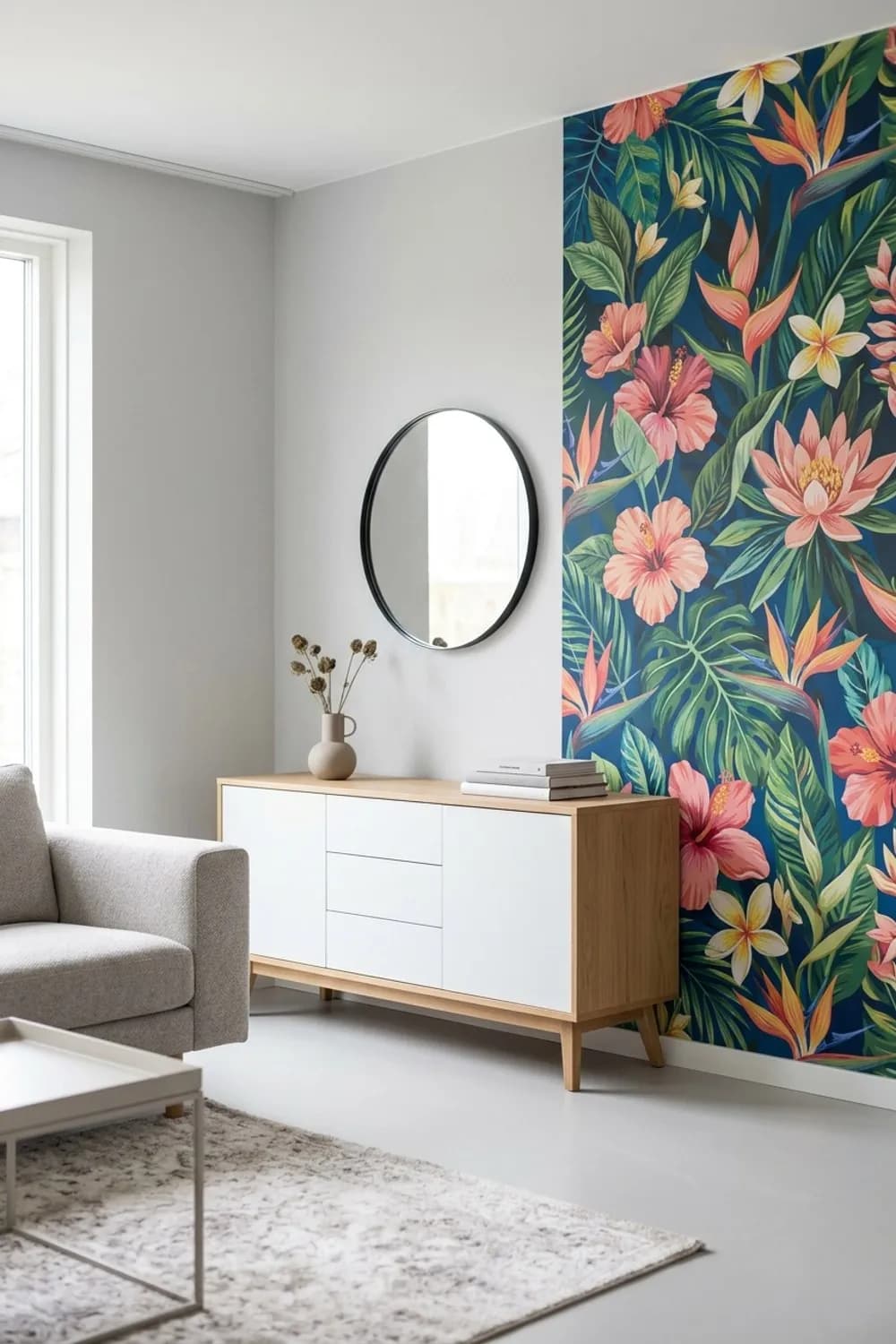Statement-Tapete: Florales Muster hinter einem schlichten Sideboard – Buntes Wohnzimmer: 9 schöne Ideen