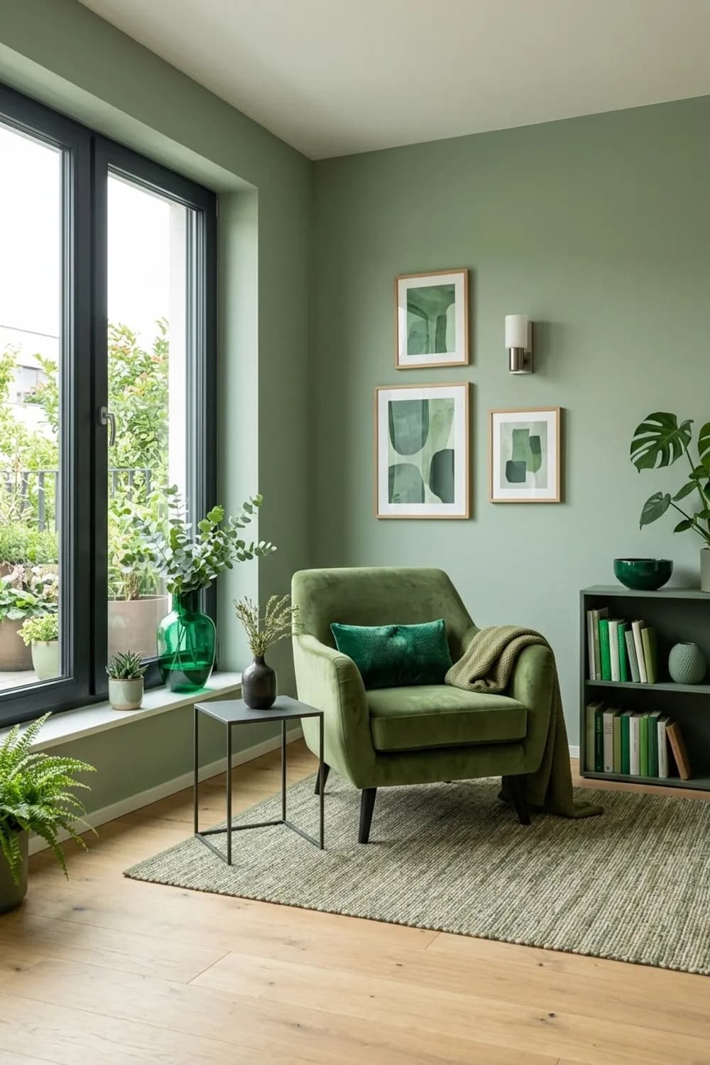 Ton-in-Ton in Grün: Salbeigrüne Wände, moosgrüner Sessel und smaragdgrüne Deko – Buntes Wohnzimmer: 9 schöne Ideen