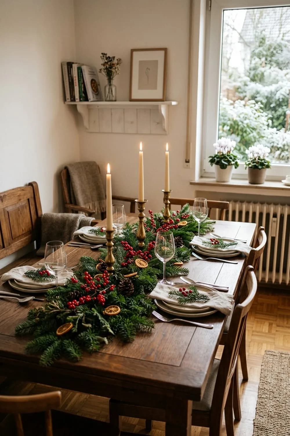 Festlicher Glanz zur Weihnachtszeit: Tannengrün, rote Beeren und Messing-Kerzenständer – Esstisch dekorieren: 7 schöne Ideen