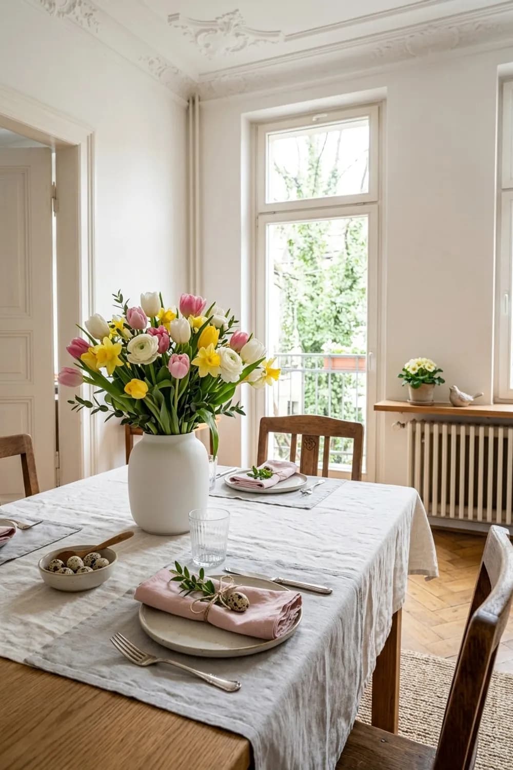 Frühlingserwachen am Tisch: Pastellfarbene Servietten, ein Strauss Tulpen und kleine Wachteleier – Esstisch dekorieren: 7 schöne Ideen